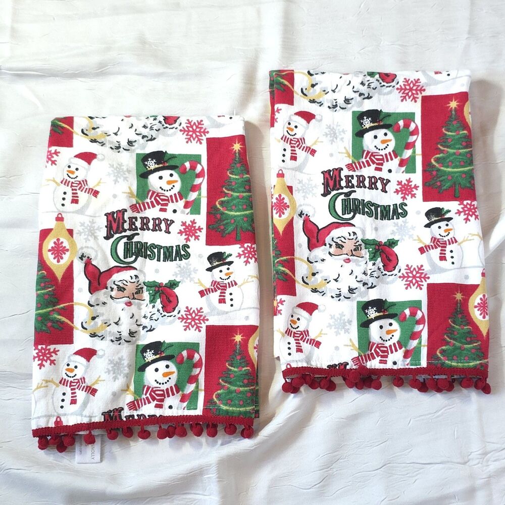 Deborah Connolly 2 Retro Style Santa Christmas Hand Towels Pom Poms Snowman